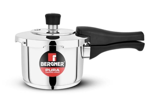 Bergner Pura Stainless Steel 5 L Pressure Cooker, Outer Lid Cooker, Triply Bottom, For Healthy Cooking, Mirror Finish, Easy To Clean, Induction Botto and Gas Ready - Silver